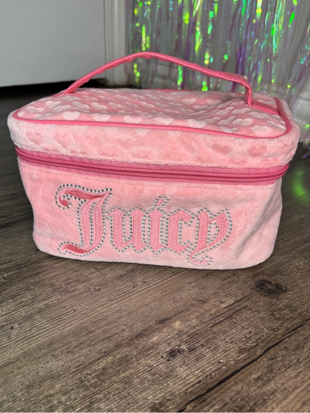 Juicy Couture Y2K Pink Velvet Rhinestone Makeup Case W/Travel Toiletry Bottle